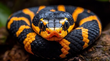 Obraz premium This remarkable Boiga dendrophila showcases its vivid yellow rings and intricate patterns while coiled comfortably on a branch, surrounded by rich greenery in a vibrant ecosystem