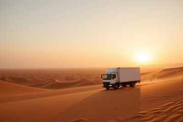 Obraz premium Truck Driving Through Expansive Desert Landscape at Sunrise with Stunning Sand Dunes and Soft Warm Light Creating a Serene Atmosphere