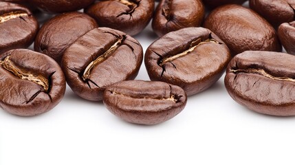 Obraz premium Close-Up of Roasted Coffee Beans on White Background