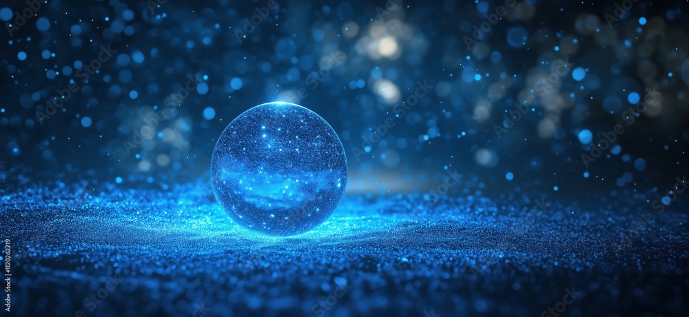 Poster glowing blue sphere surrounded by sparkling particles, ethereal atmosphere, cosmic theme, soft focus