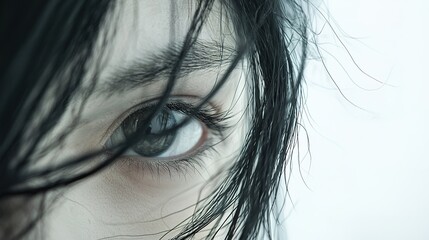 A close-up of an expressive eye surrounded by dark hair, conveying a sense of introspection and emotion against a soft, muted background.
