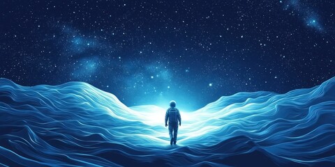 Obraz premium Astronaut Walks Across a Glowing Blue Alien Landscape Under a Starry Sky