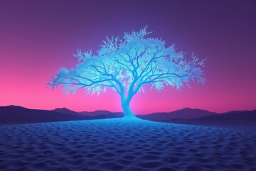 Obraz premium Vibrant Tree in a Surreal Desert Landscape with a Stunning Gradient Sky at Dusk
