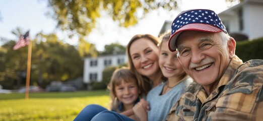 Family gathering with patriotic spirit, smiling grandfather, mother, and two daughters, outdoor setting, American flag in background, copy space for text