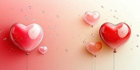 Shiny red and pink heart balloons floating on a pastel ombre background with soft reflections  