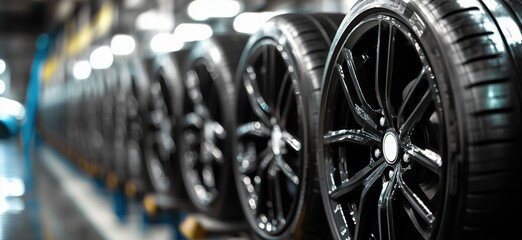 Black alloy wheels in factory setting, showcasing modern tire design and manufacturing process, blurred background highlights production line, copy space for text