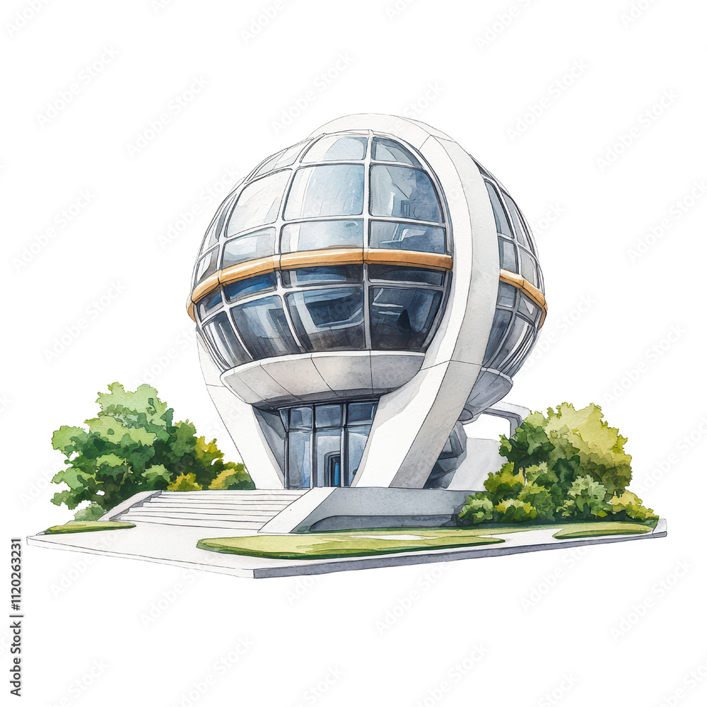 Poster modern architectural design featuring spherical building with large glass windows and unique structu