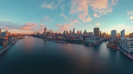 Fototapeta premium Stunning panoramic view of a vibrant city skyline during sunset, showcasing modern buildings, tranquil water, and colorful clouds reflecting in the serene atmosphere.