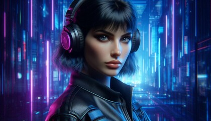 woman with black hair and headphones atnding before a blue/pink neon cyberpunk city