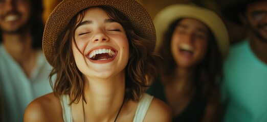 Fototapeta premium Joyful woman laughing with friends, bright atmosphere, summer vibes, casual attire, hats, happiness, camaraderie, copy space for text
