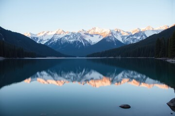 Tranquil Lake Reflection in a Serene Mountain Setting with Snow-Capped Peaks and Clear Blue Sky at Dawn