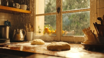 A cozy kitchen scene with dough resting on a floured countertop amidst a rainy backdrop.