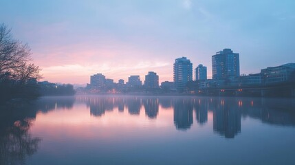 Obraz premium Pink and blue cityscape at sunrise reflected over calm water