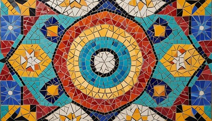Fototapeta premium A vibrant arrangement of mosaic tiles featuring a kaleidoscope of colors and geometric shapes.