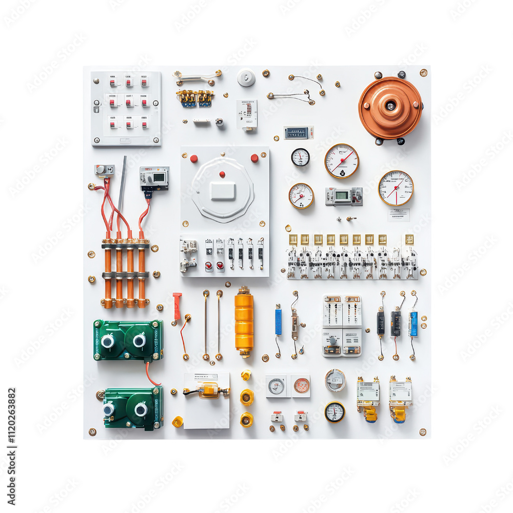 Poster control panel with various gauges, switches, and components for monitoring systems isolated on trans
