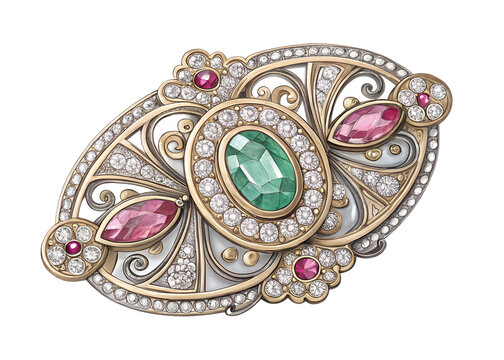 ornate jewel brooch with emerald, ruby, diamonds clip art preview