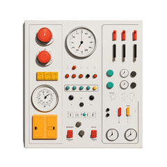 Control panel with gauges, buttons, and switches for industrial use isolated on transparent background
