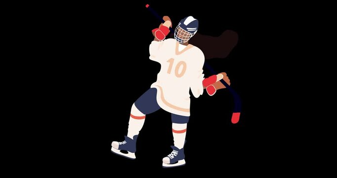 Female ice hockey player in hockey equipment. Hockey girl with stick in action on a transparent alpha channel. Winter team sport.