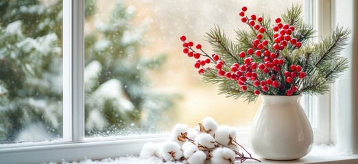 Winter decoration with red berries and cotton, cozy indoor scene, snow outside, festive atmosphere, copy space for text
