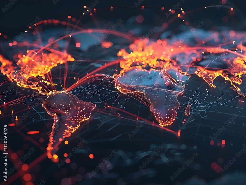 Poster Global Network of Connections and Data Flow Visualized on a World Map with Glowing Nodes and Dynamic Lines Illustrating Modern Communication Technologies