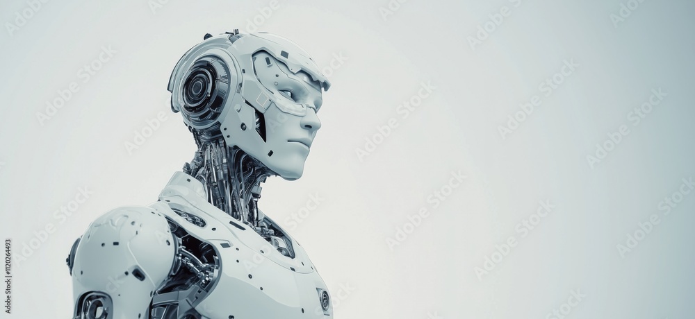 Poster futuristic humanoid robot with intricate design and advanced technology, showcasing metallic feature