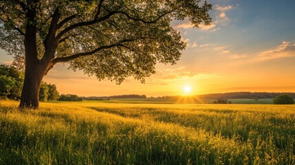 Obraz premium Scenic meadow with tree and warm sunset light in summer landscape