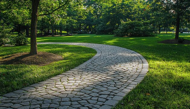 Stamped concrete walkway showcasing a cobblestone pattern in a green park setting.