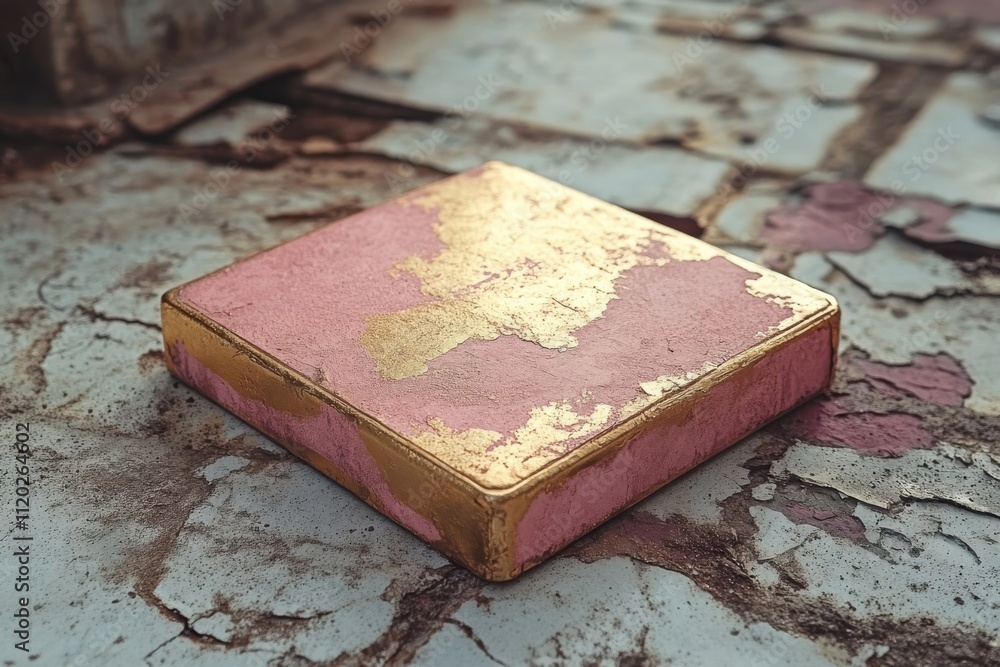 Poster a pink and gold square object resting on a weathered surface.