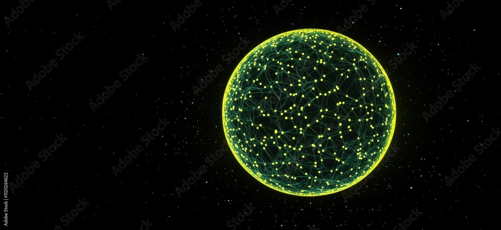 Poster digital network sphere with glowing nodes and connections, representing data flow and connectivity i