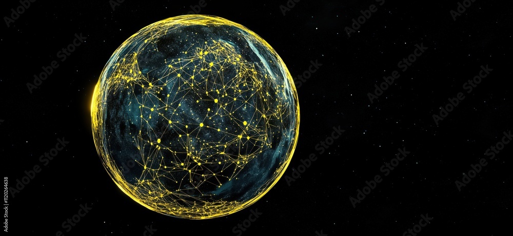 Poster global network connections visualized, glowing lines connecting nodes across earth, representing tec
