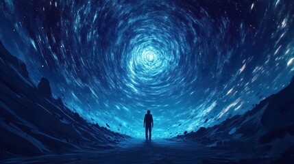 A lone figure stands before a swirling cosmic vortex