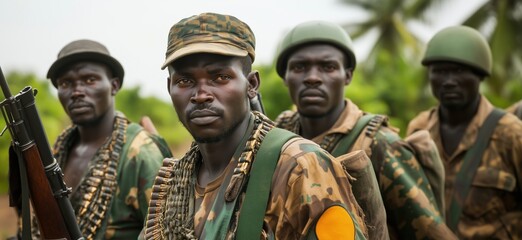 Soldiers in camouflage uniforms, armed with rifles, standing in formation. Group of four men, serious expressions, military gear, tropical background., copy space for text