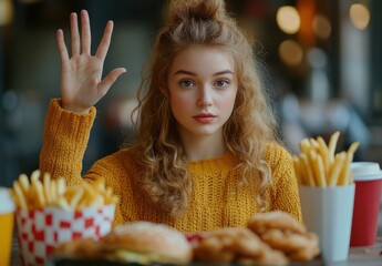 Young woman with curly hair in yellow sweater raises hand in front of various fast food items in a casual dining setting, expressing a playful mood and enjoying her meal.