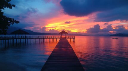 Obraz premium Vibrant sunset over calm ocean, wooden pier leads to gazebo.