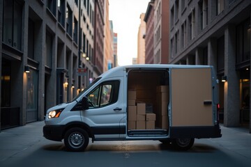 Van in Urban Alley Featuring Open Door and Unloaded Boxes in a Modern Logistics Setting for Delivery Service and Transportation Concepts