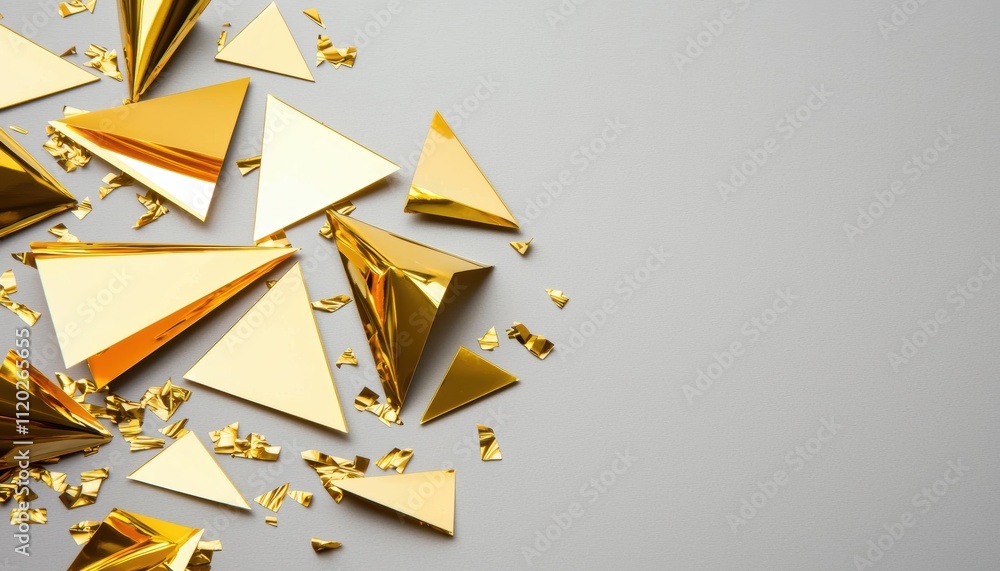 Poster a collection of shiny, golden triangular shapes scattered on a light gray surface, creating a striki