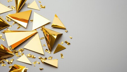 A collection of shiny, golden triangular shapes scattered on a light gray surface, creating a striking visual contrast and a sense of elegance.