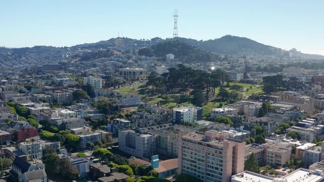 Flying towards Golden Gate Park with a view of the city and Sutro Tower