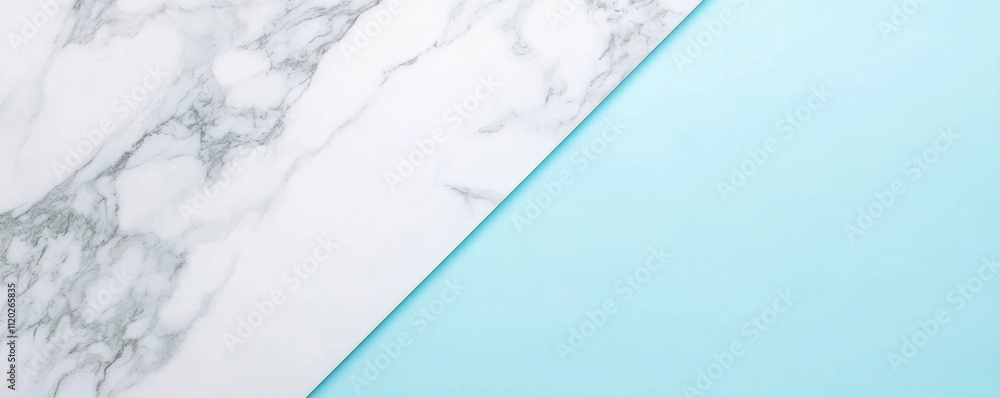 Poster a clean, modern surface featuring a diagonal split between white marble and light blue, creating a s