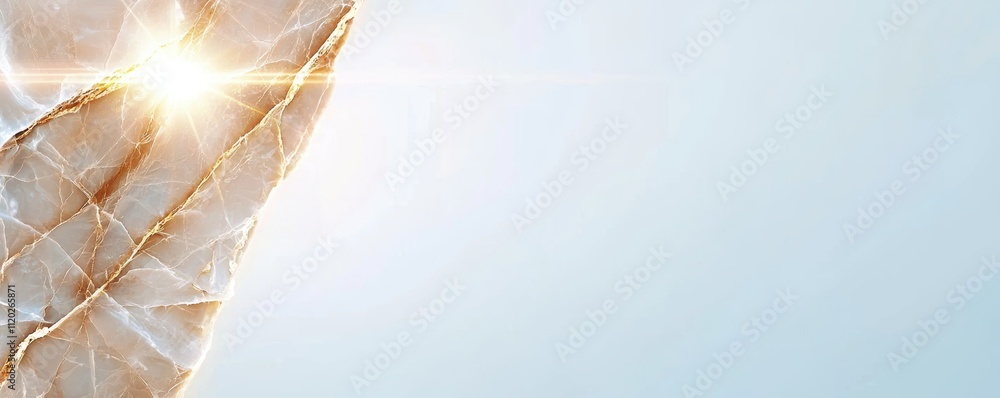 Poster a close-up of a translucent mineral with a shimmering light reflection against a soft blue backgroun