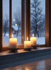 Candles burning softly on a snowy windowsill, with frosty glass, cozy, calm, peaceful