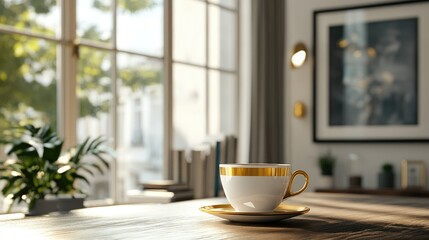 Fototapeta premium A cozy scene featuring a decorative cup on a wooden table, with sunlight streaming through windows.