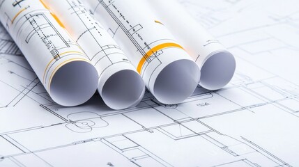 A close-up of rolled architectural plans on a flat surface, showcasing detailed blueprints and designs for construction projects.