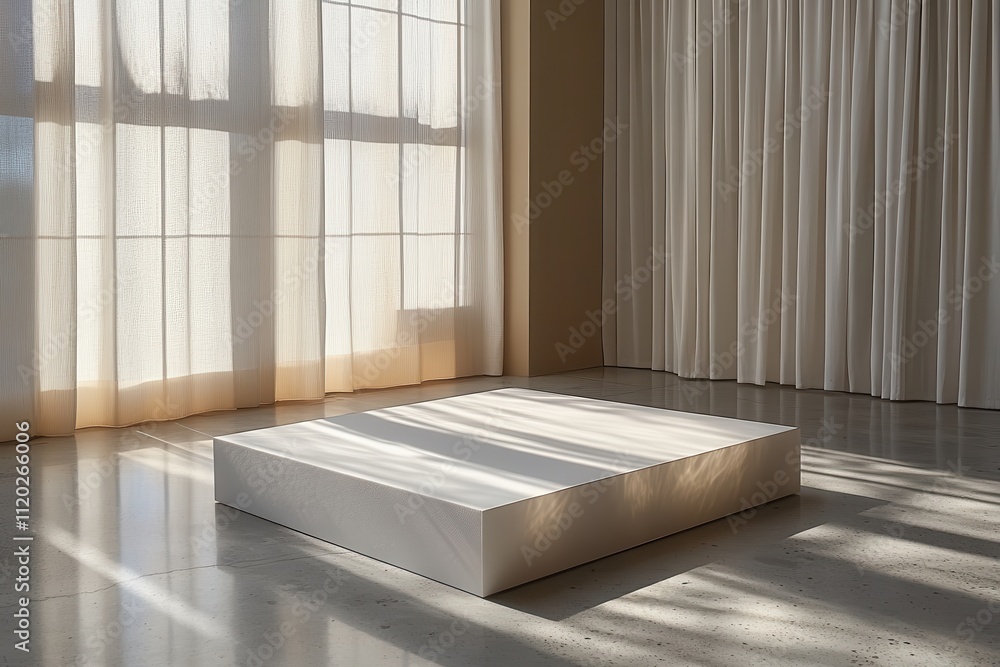 Poster a minimalist room with a raised platform and soft natural light filtering through curtains.