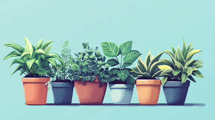 Fototapeta premium Illustration of houseplants in decorative pots