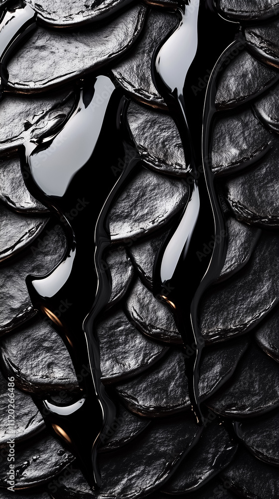Poster scales are displayed with sharp edges, glistening as black liquid flows and adds intrigue to the sur