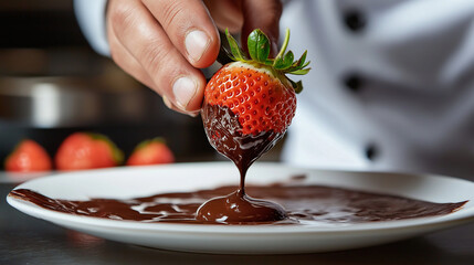 A chef's hand holds a chocolate-covered strawberry and drops it into a plate of melted chocolate