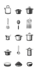 Theme: Food, Cooking, Kitchen Utensils, Icon Set, Shapes, Objects, Black and White, on White Background, Abstract Image, Texture, Pattern Background, Wallpaper, Cover and Screen of Smartphone, PC, Lap