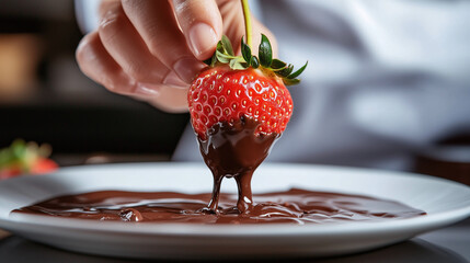 A chef's hand holds a chocolate-covered strawberry and drops it into a plate of melted chocolate