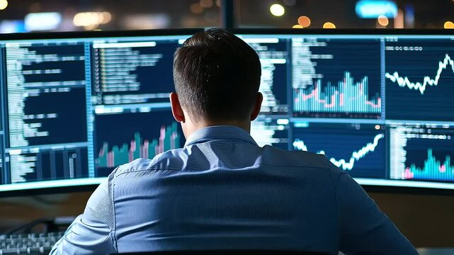 Business Analyst Analyzing Data on Computer Screen with Visualizations
